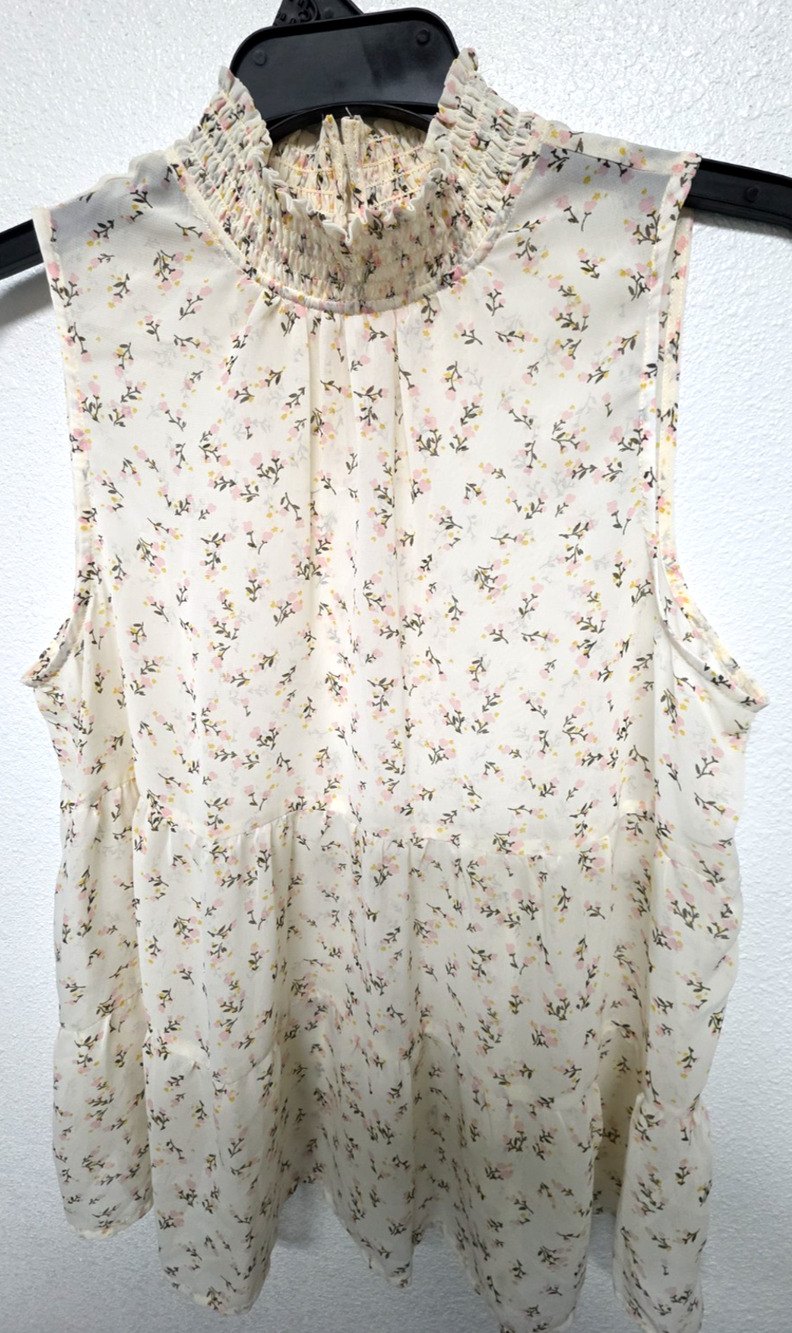 Pleione Floral Print Smocked Neck Sleeveless Blouse Top Size XL